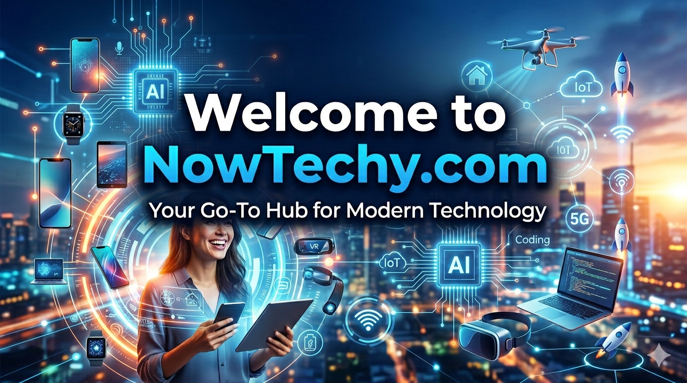 A futuristic and energetic welcome banner for NowTechy.com. The central text reads 'Welcome to NowTechy.com' with the subtitle 'Your Go-To Hub for Modern Technology
