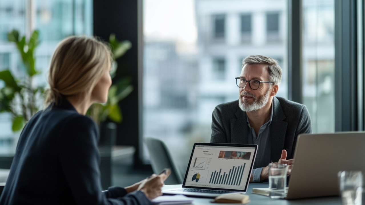 Business professionals discussing data analytics strategy in a modern office meeting