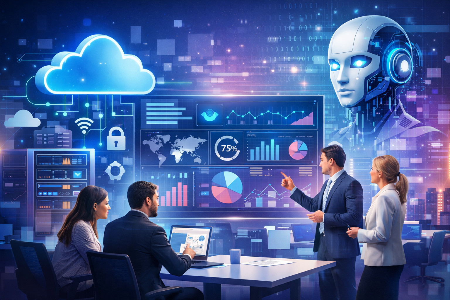 Universal technology corporation showcasing AI, cloud computing, and data analytics solutions in a modern digital workspace