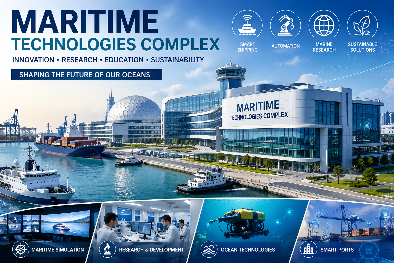 futuristic maritime technologies complex with smart port, ships, research labs and marine innovation infrastructure