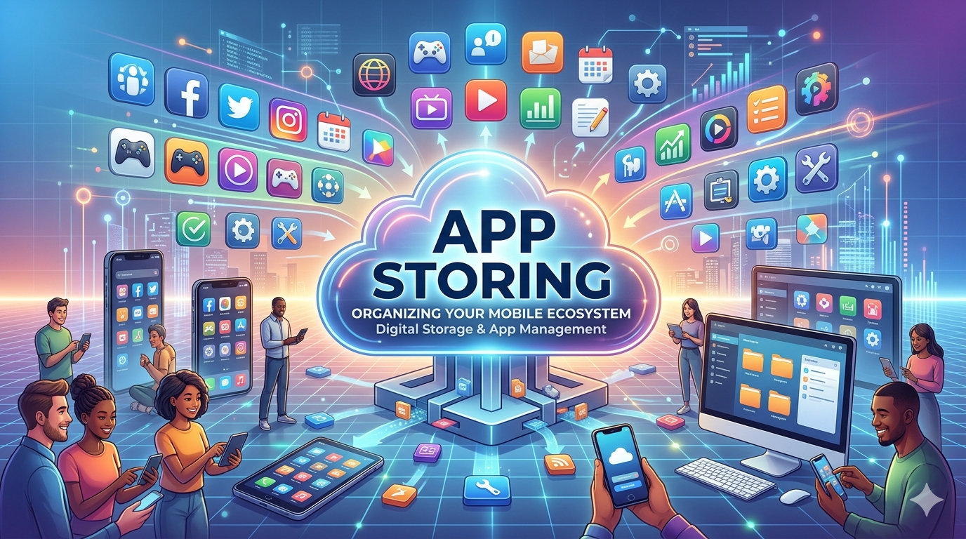 A vibrant digital illustration showing a glowing cloud with the text 'APP STORING', surrounded by various mobile app icons and people using smartphones and tablets to manage their digital storage.