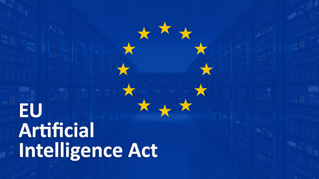 EU AI Act concept image with European Union flag over data servers representing AI regulation and digital governance in Europe