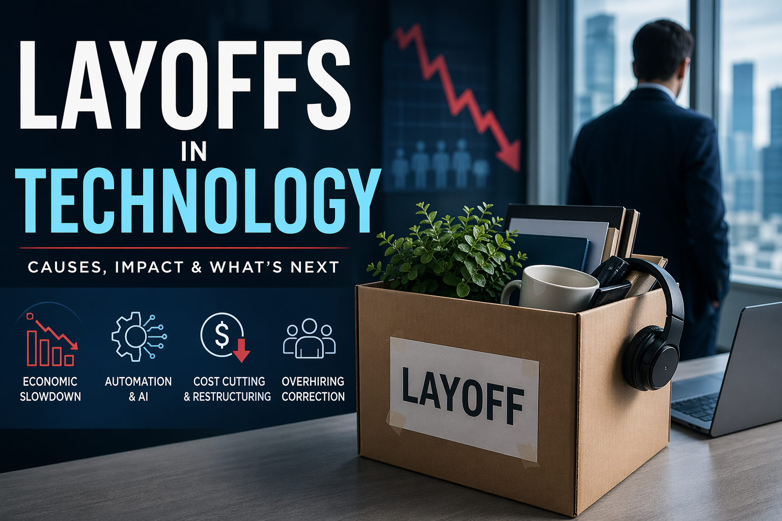 Layoffs in technology concept showing job loss in tech industry with office desk, box of belongings, and declining graph
