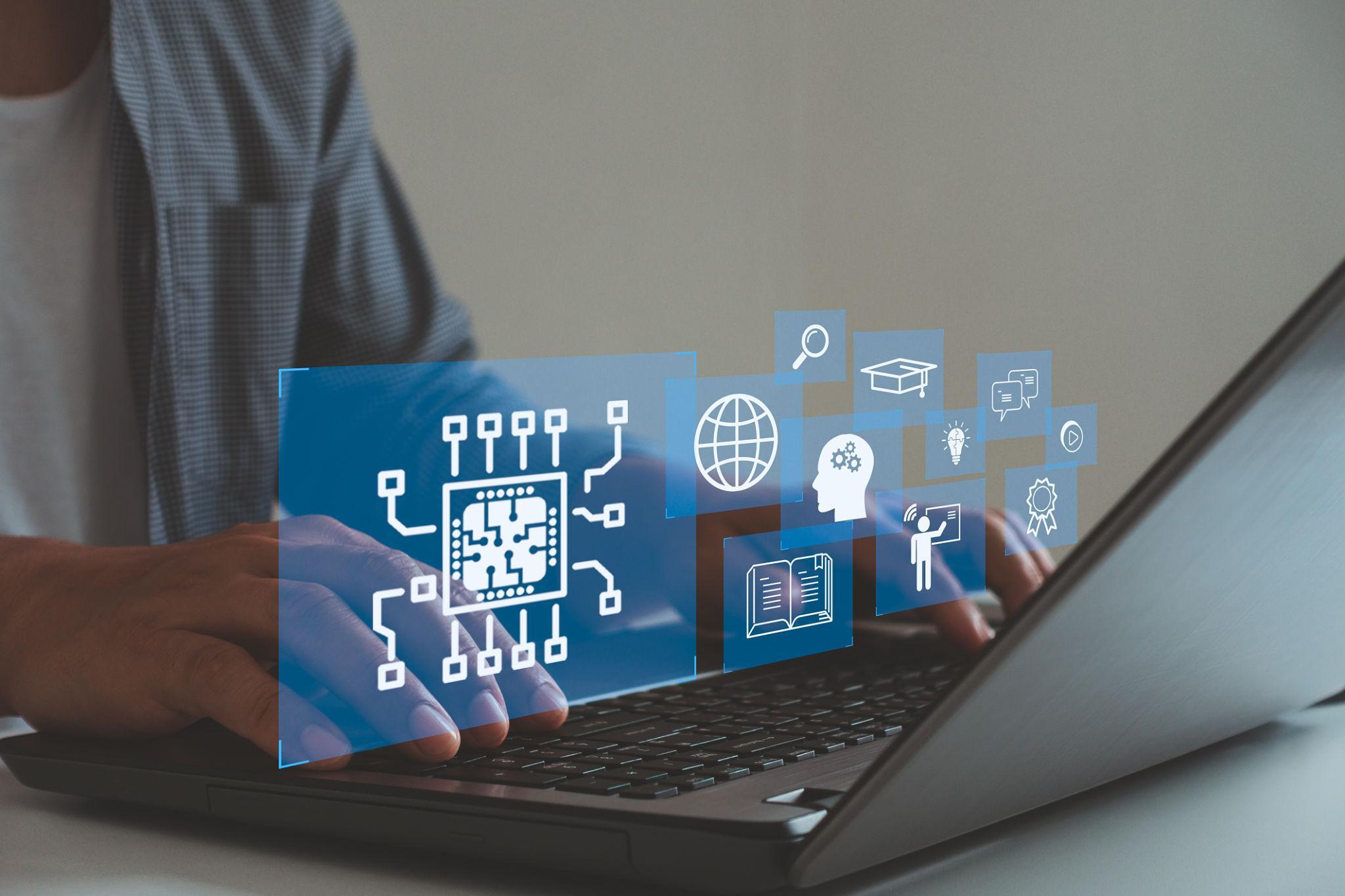 student using laptop with AI technology icons representing study abroad digital learning and modern education