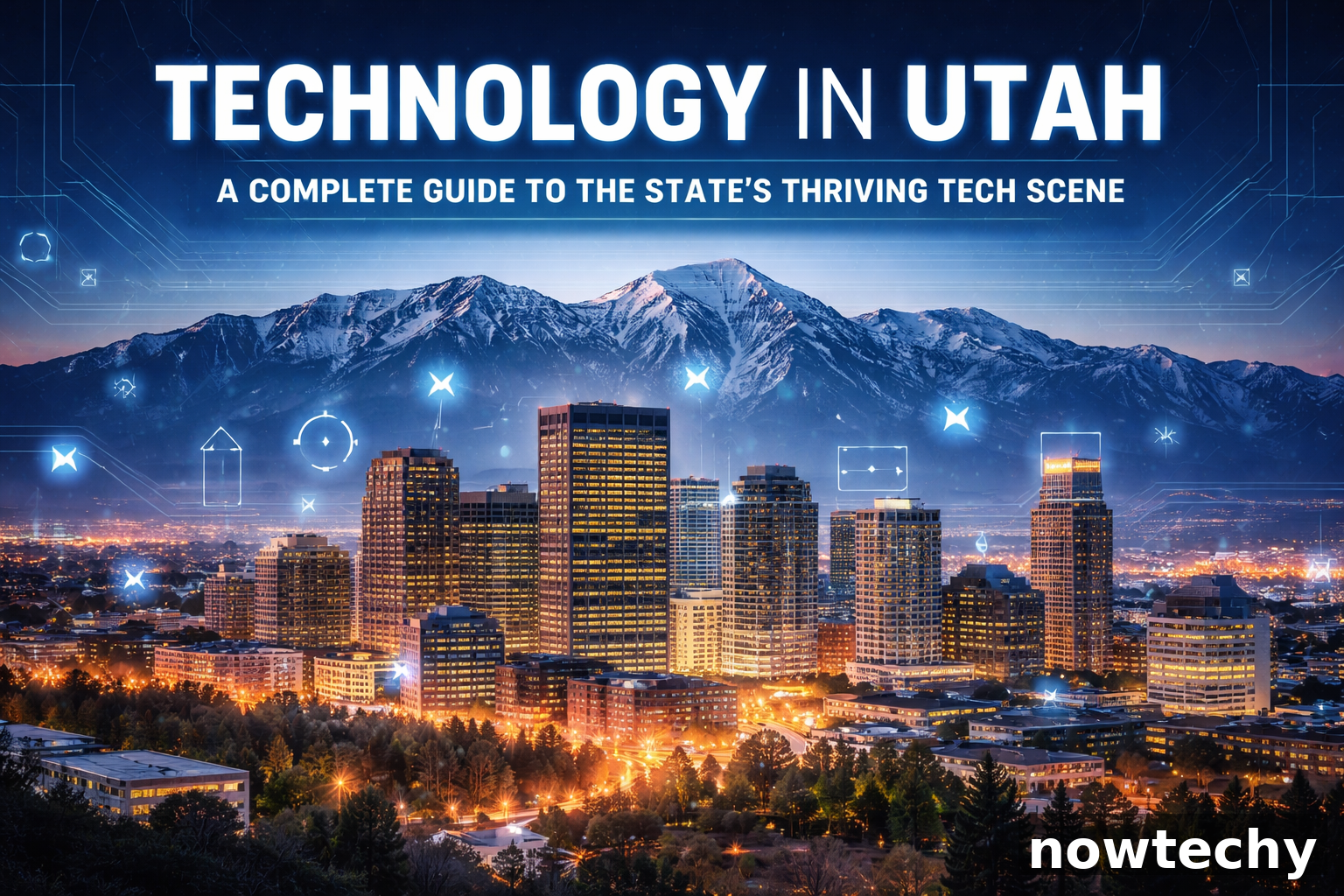 technology in Utah skyline with nowtechy branding and digital tech overlay