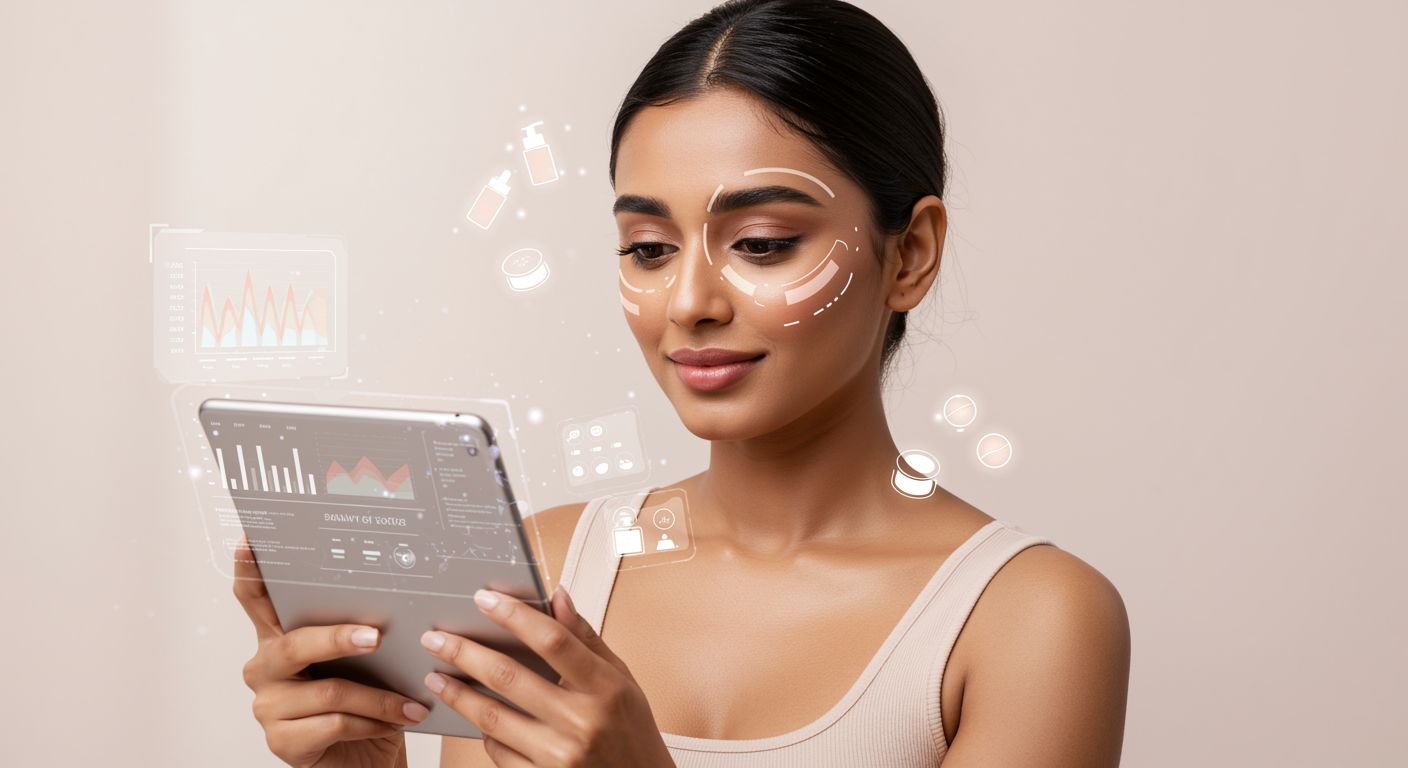 Woman using tablet with AI technology for facial skin analysis and personalized skincare routine