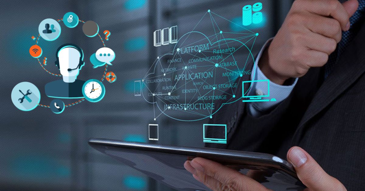 Technology solutions professional using digital interface for IT support, cloud computing, and business infrastructure management