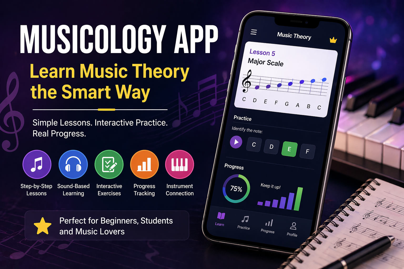 Musicology app interface showing interactive music theory lessons, sound-based learning, progress tracking, and step-by-step music education on a smartphone screen.