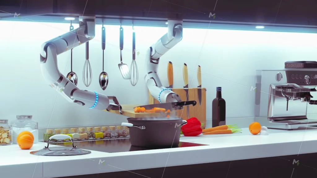 soup technology automated cooking system with robotic arms preparing food in modern kitchen