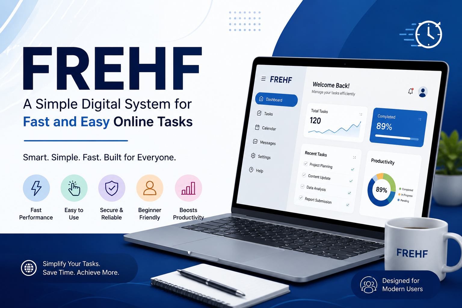 Frehf digital system dashboard displayed on a laptop showing fast and easy online task management features