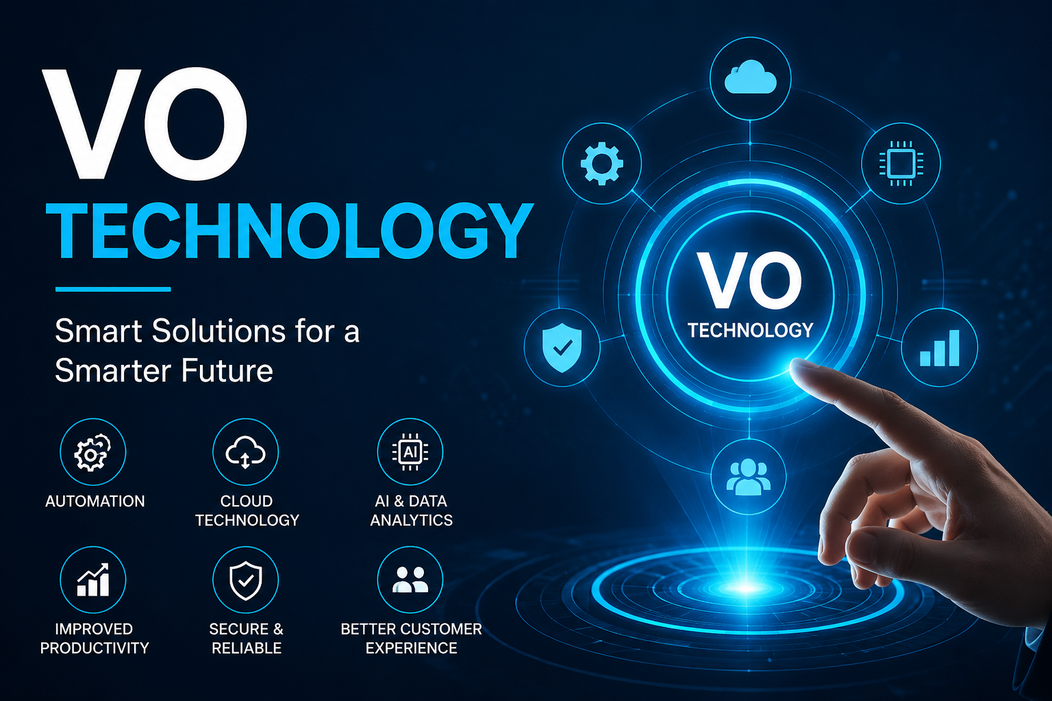 VO Technology featured image showing AI automation, cloud technology, smart solutions, and digital transformation concepts
