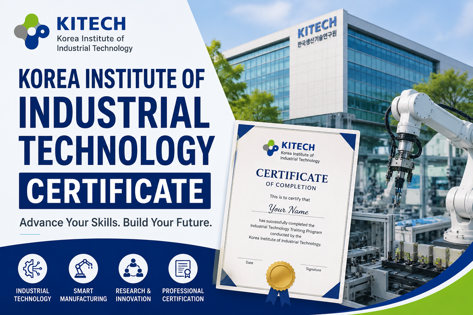 Korea Institute of Industrial Technology Certificate featured image with industrial robots, smart manufacturing system and training certificate
