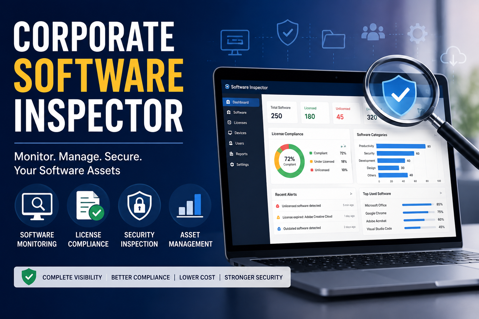 Corporate Software Inspector dashboard showing software monitoring, license compliance, security inspection, and asset management system