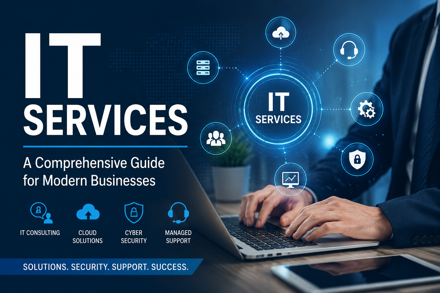 IT services featured image showing business technology solutions, cloud services, cybersecurity, managed support, and digital transformation tools.
