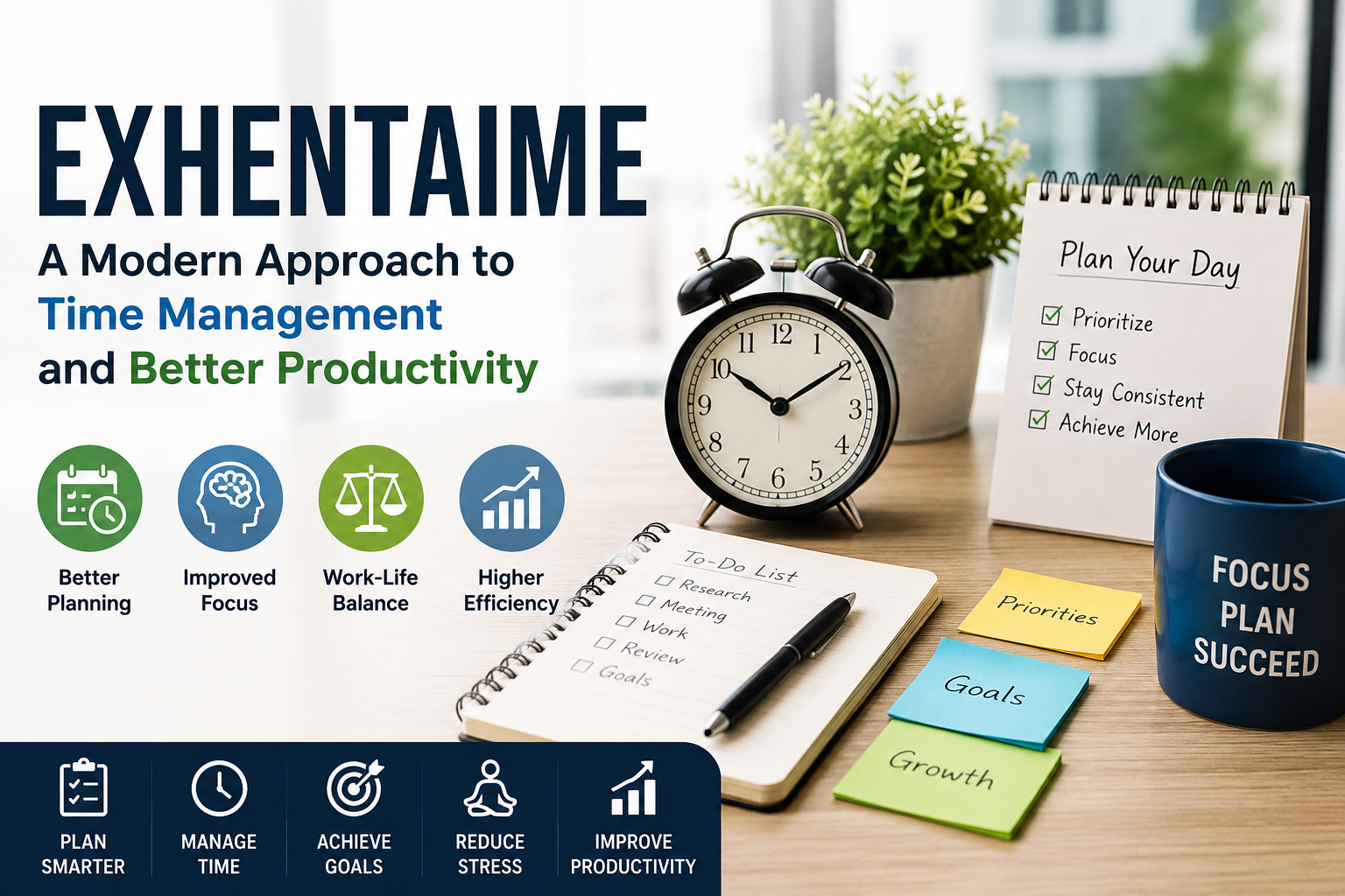 Exhentaime modern time management and productivity workspace with planning tools and focus strategy