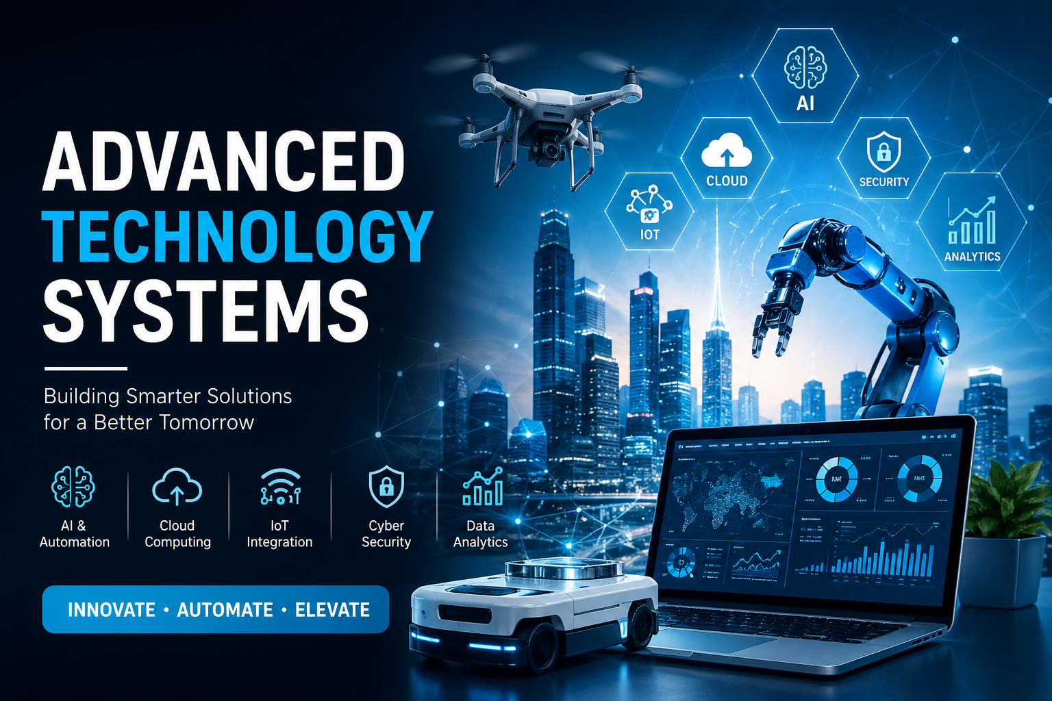Advanced technology systems concept with AI, cloud computing, IoT, cybersecurity icons, robotic arm, drone, and smart city digital interface