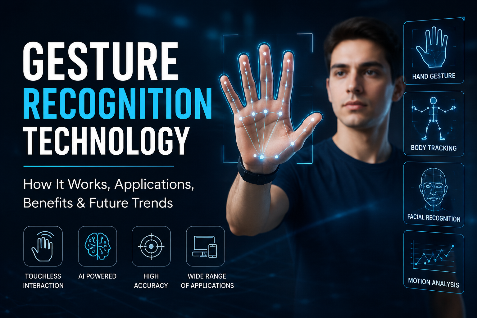 Gesture recognition technology concept showing AI-powered hand tracking and touchless interaction system
