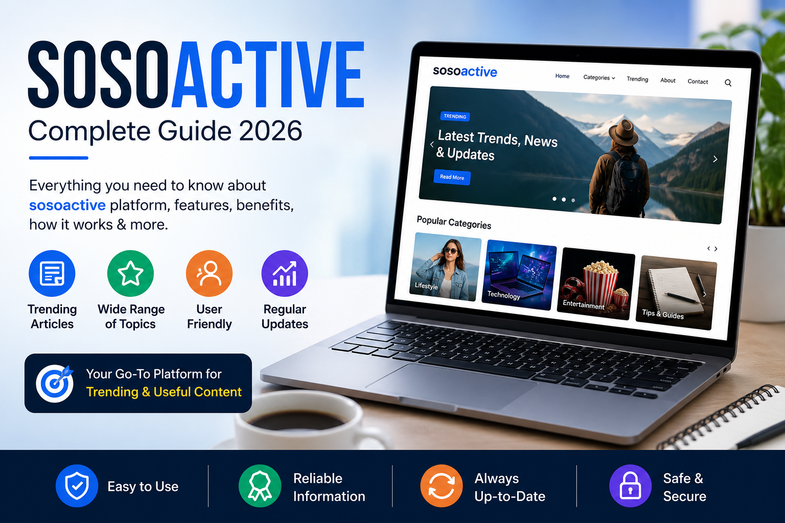 sosoactive platform dashboard showing trending articles and content categories on laptop screen