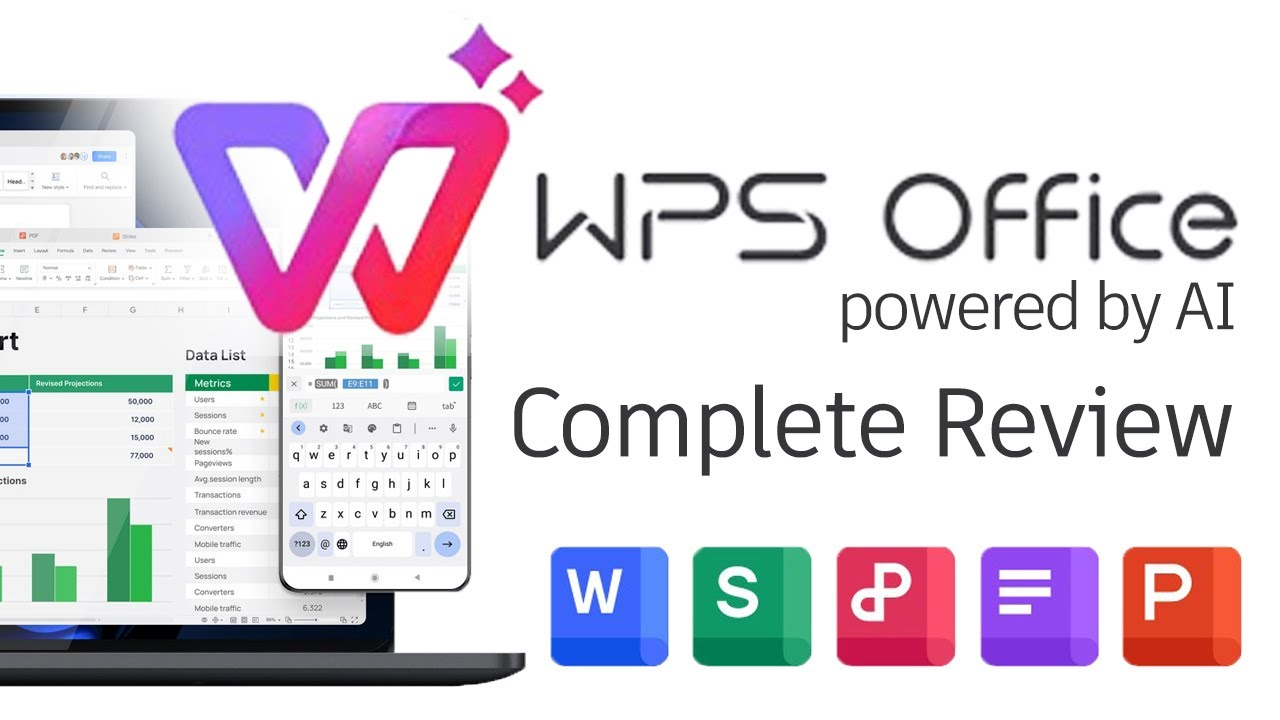 WPS Office complete review banner showing WPS Office logo, spreadsheet interface, calendar view, and office app icons for Word, Spreadsheet, Presentation, and PDF tools.