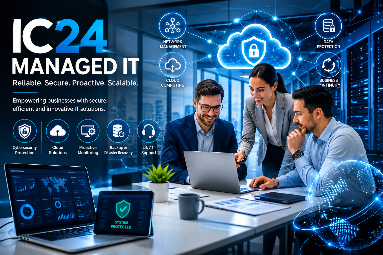 IC24 Managed IT team providing cybersecurity, cloud solutions, network monitoring, backup recovery, and IT support services for modern businesses.