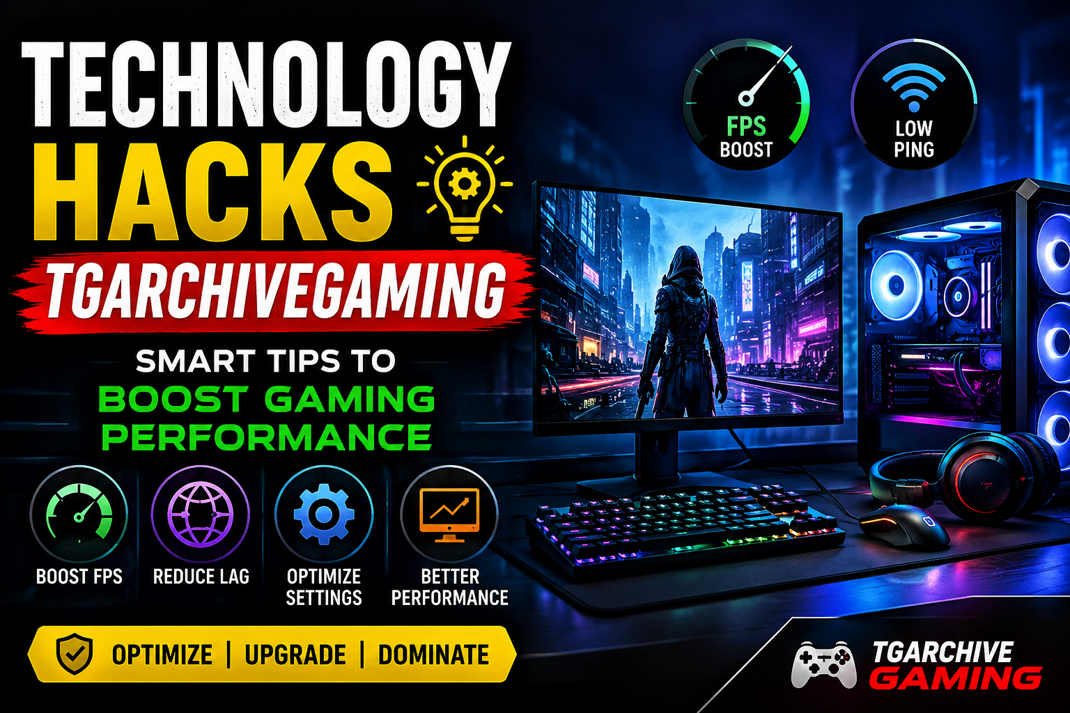 Technology Hacks TGArchiveGaming gaming setup showing FPS boost, low ping optimization, and advanced PC gaming performance tips