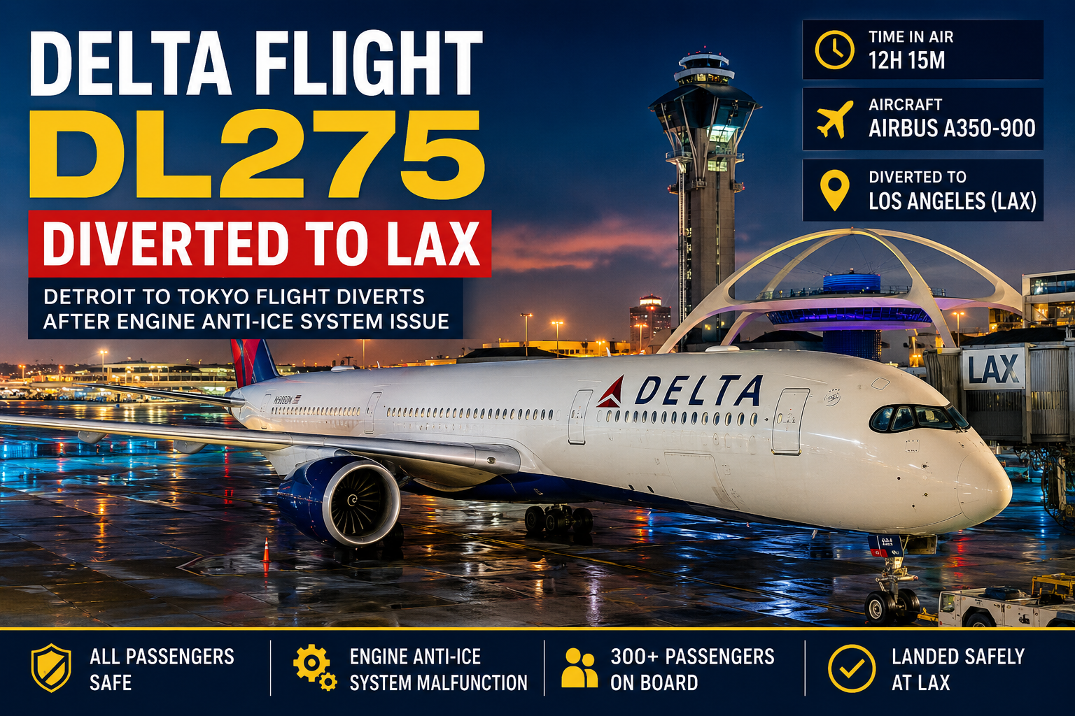 Delta Flight DL275 Airbus A350 diverted to LAX after an engine anti-ice system issue during a Detroit to Tokyo flight