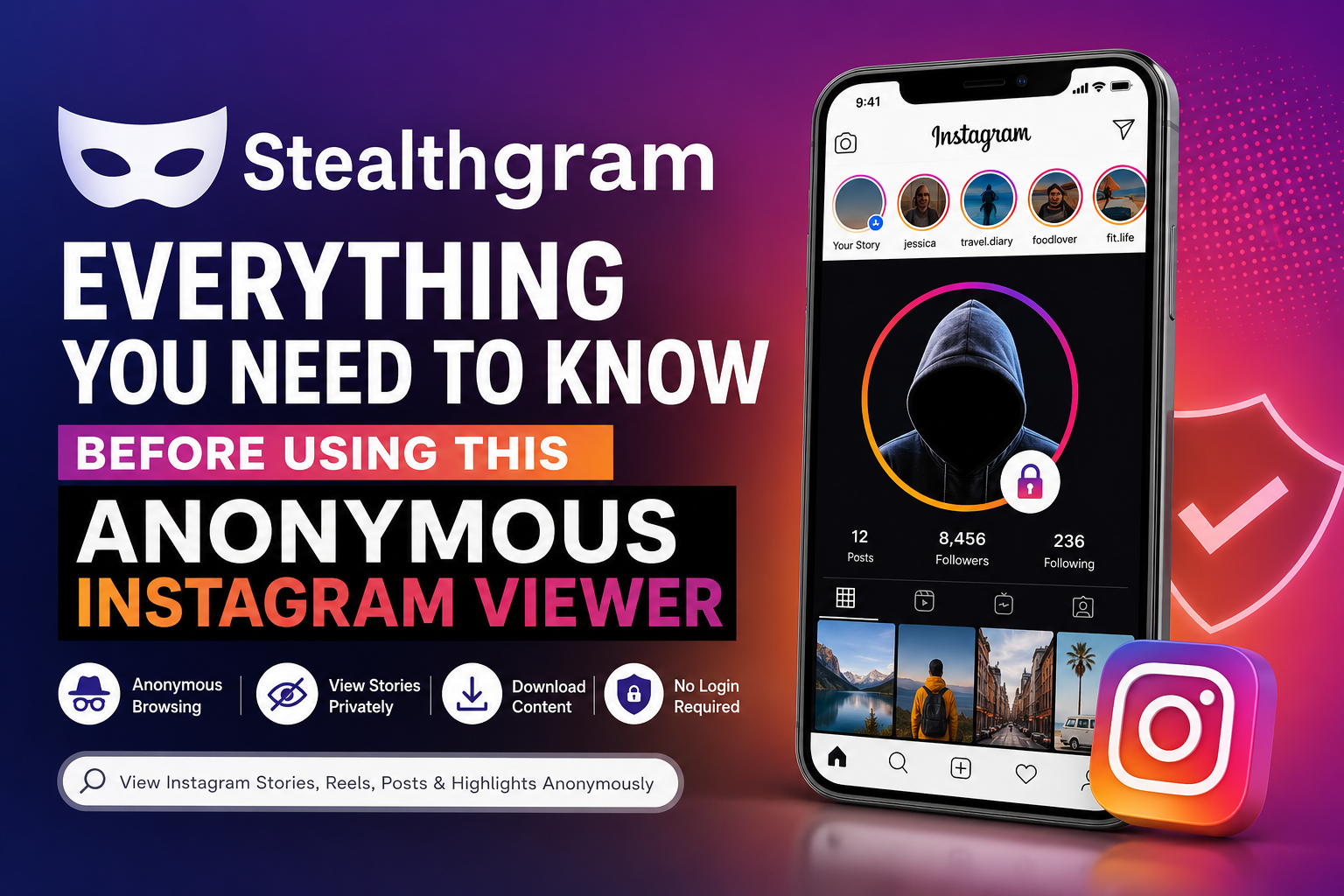 Stealthgram anonymous Instagram viewer showing private story viewing, Instagram reels access, and secure anonymous browsing features.