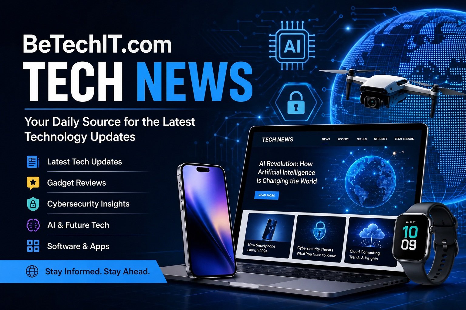 BeTechIT.com Tech News featured image showing AI technology, cybersecurity, gadgets, smartphone, laptop, smartwatch, and digital innovation trends.