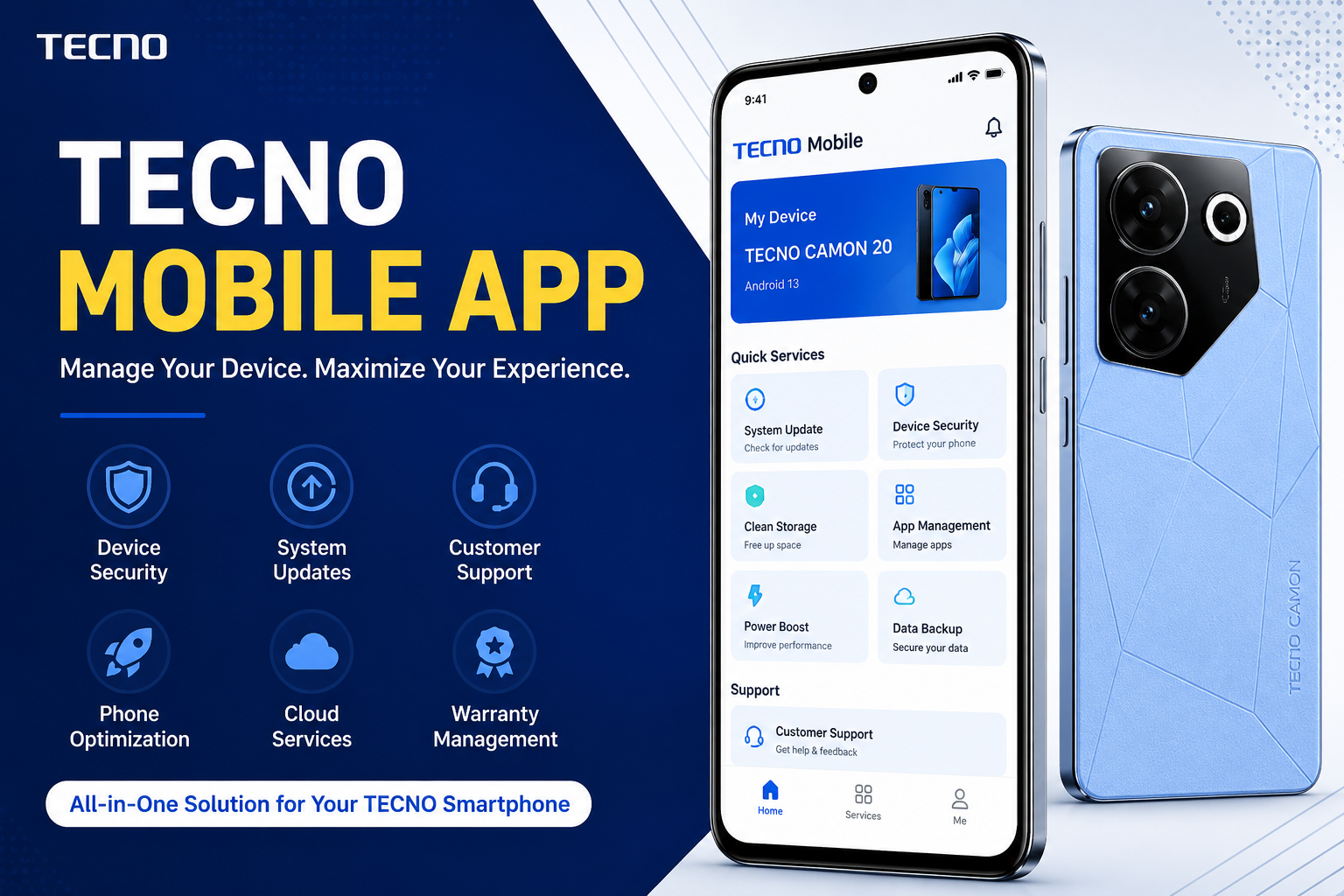 Tecno Mobile App interface displayed on a smartphone showing device management, security features, software updates, cloud services, and performance optimization tools.