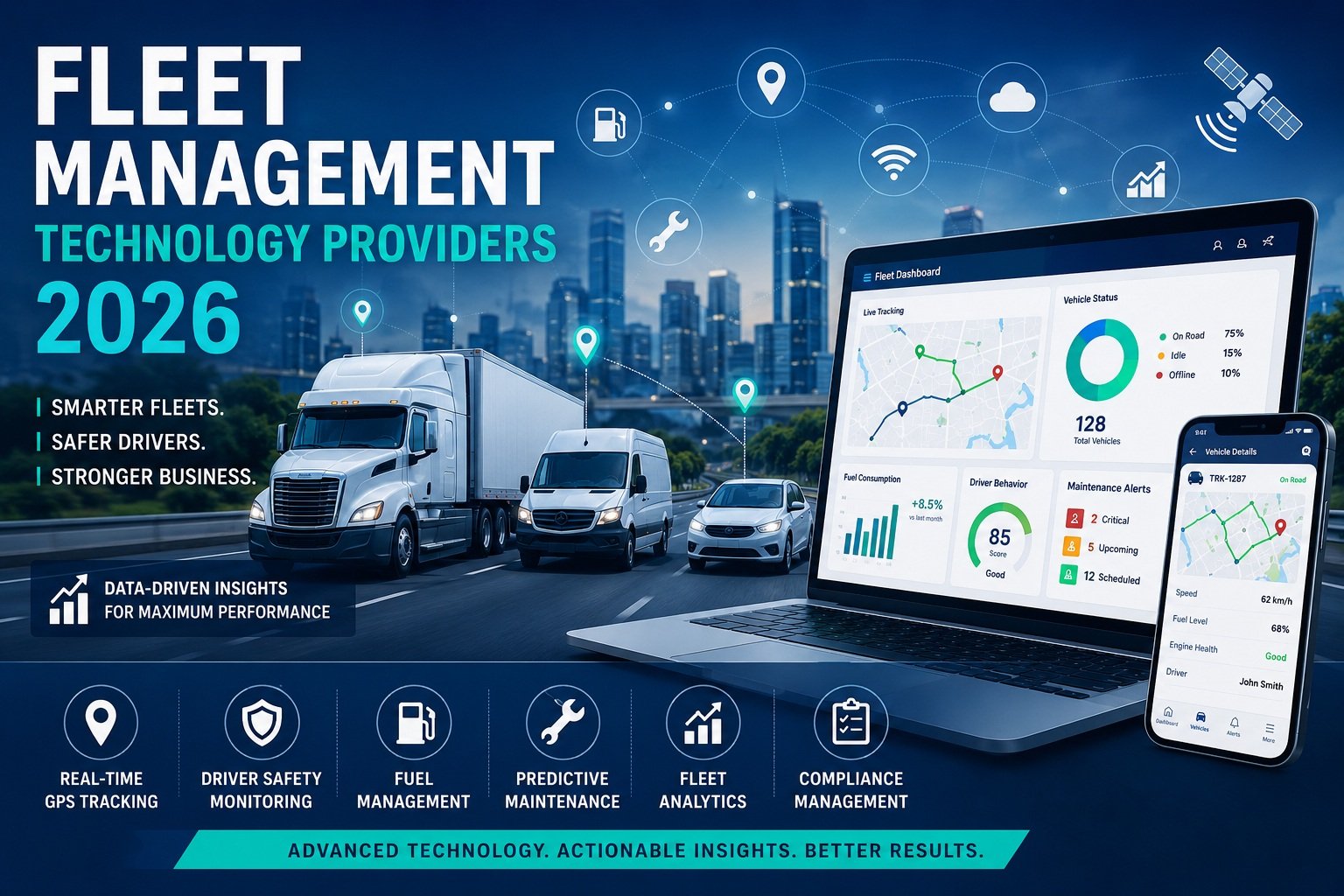 Fleet Management Technology Providers 2026 dashboard featuring GPS tracking, AI-powered fleet analytics, route optimization, driver safety monitoring, and predictive maintenance solutions.