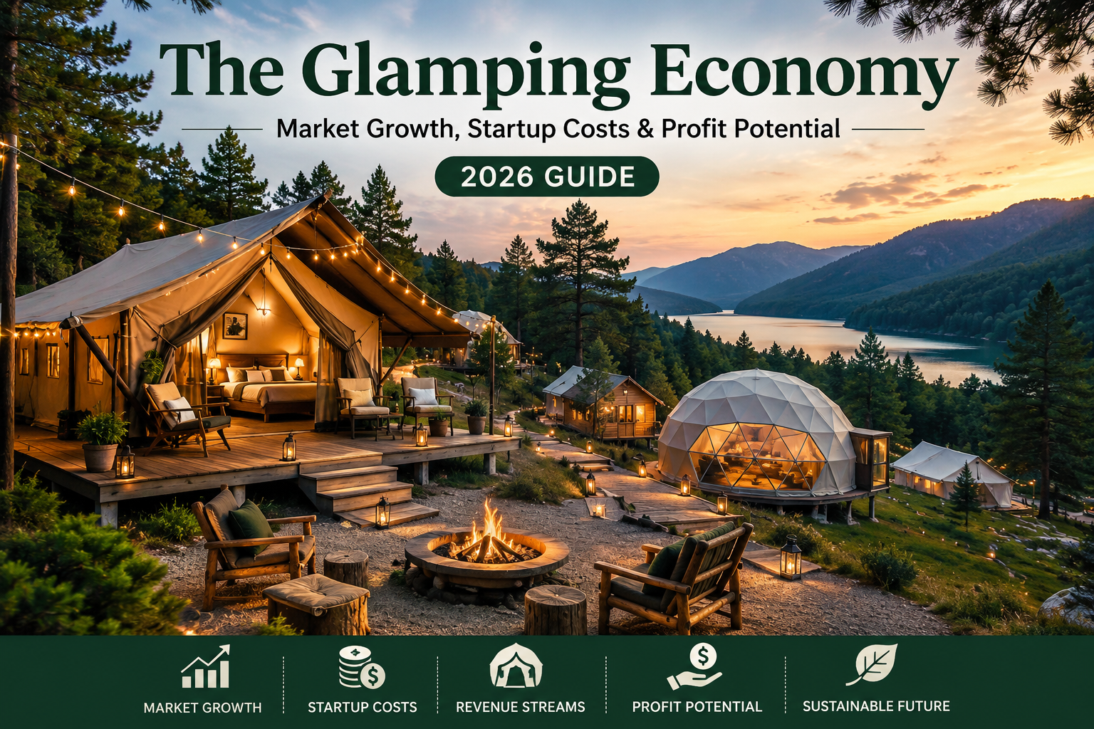 Luxury glamping resort with safari tents, geodesic domes, cozy cabins, and a lakeside campfire showcasing the growth of the glamping economy in 2026.