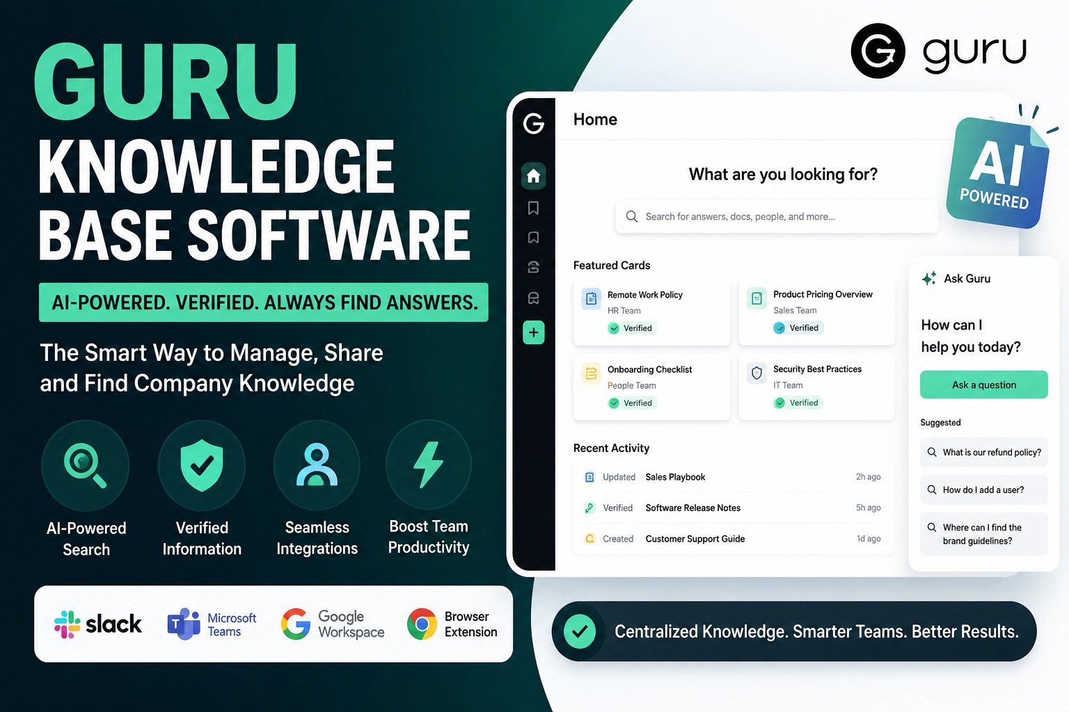 Guru Knowledge Base Software dashboard showing AI-powered knowledge management, enterprise search, verified company documentation, and team collaboration tools.