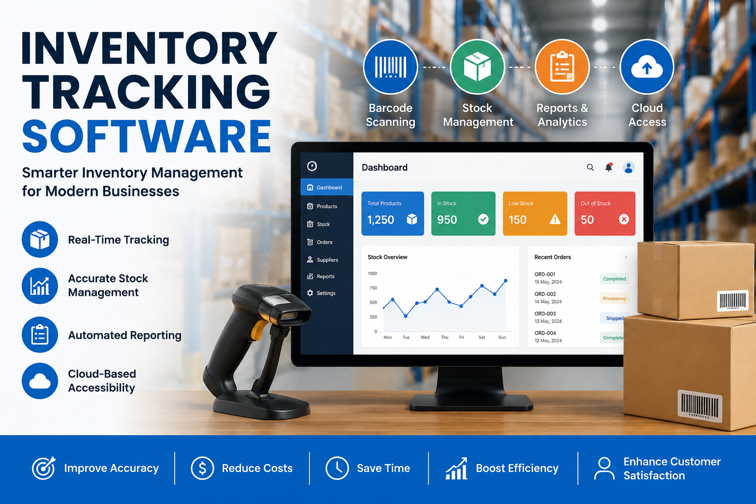 Inventory tracking software dashboard displaying real-time stock management, barcode scanning, automated reporting, and cloud-based inventory control in a warehouse environment.