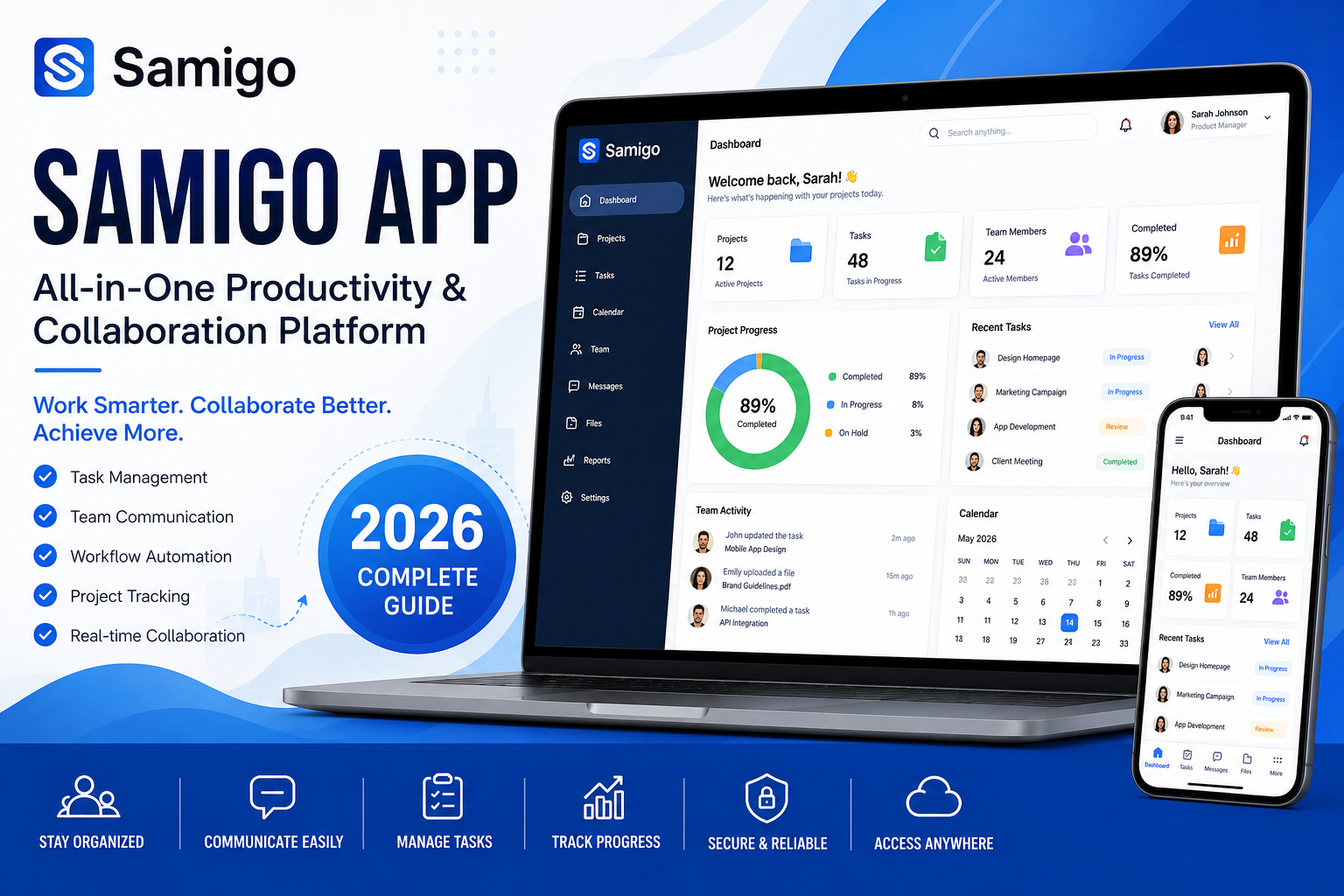 Samigo App productivity and collaboration platform dashboard showing task management, team communication, workflow automation, and project tracking features.