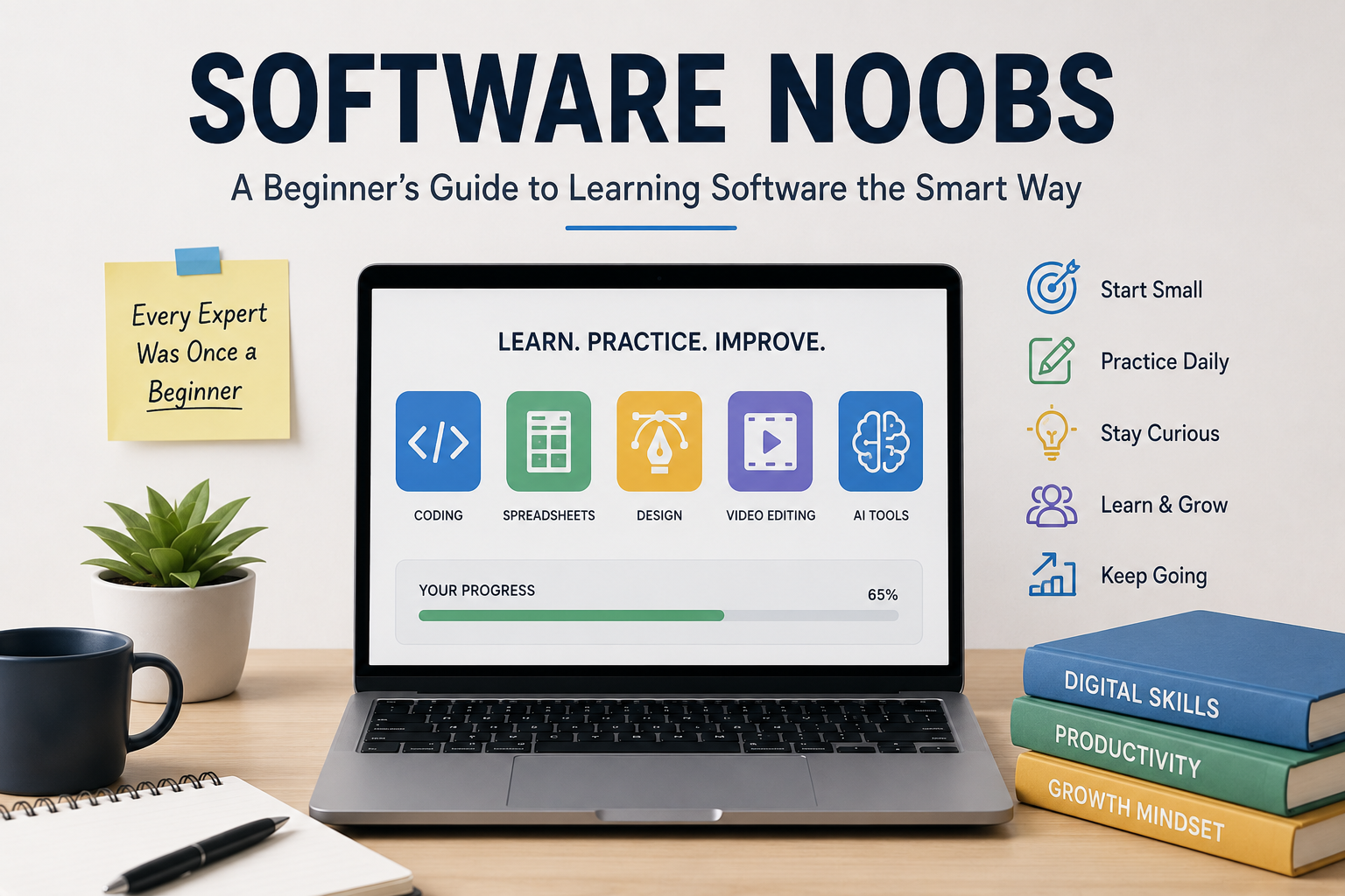 Software Noobs beginner guide showing a laptop with coding, design, AI, and productivity software icons.