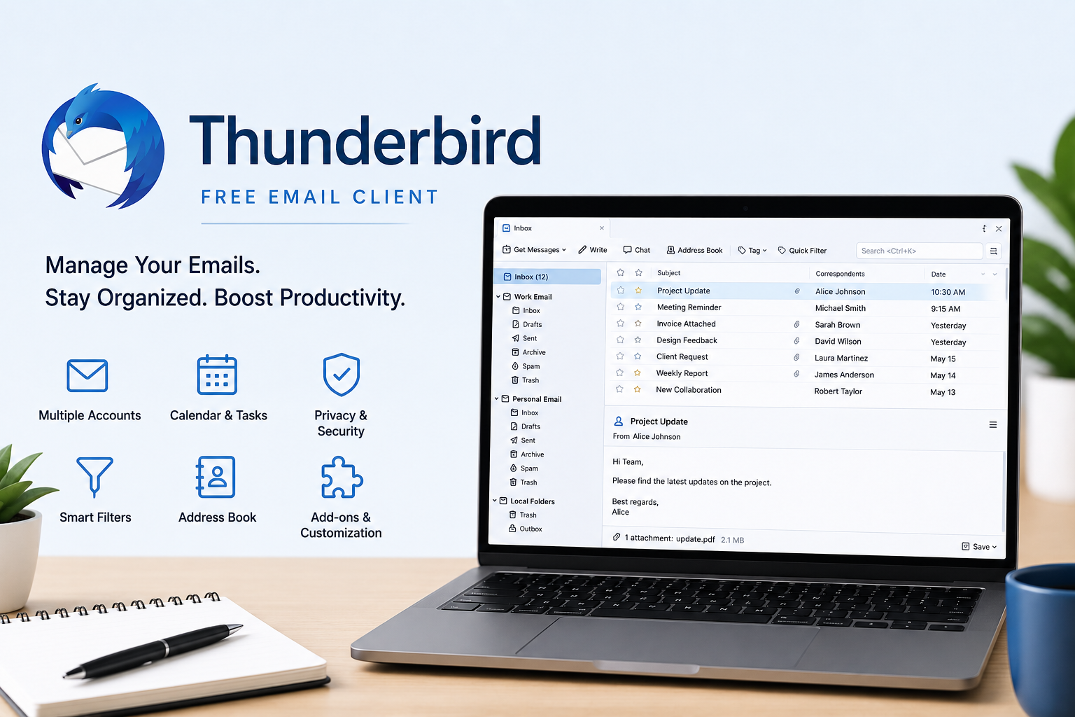 Software Thunderbird email client interface showing inbox management, calendar, security features, and productivity tools on a laptop.