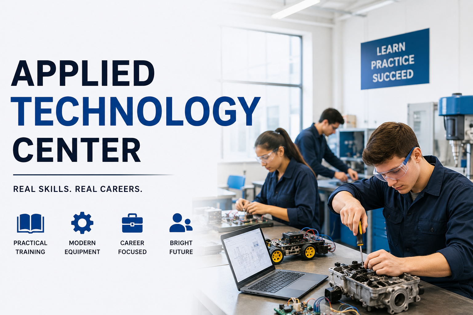 Students receiving hands-on technical training at an Applied Technology Center using modern equipment in a classroom.