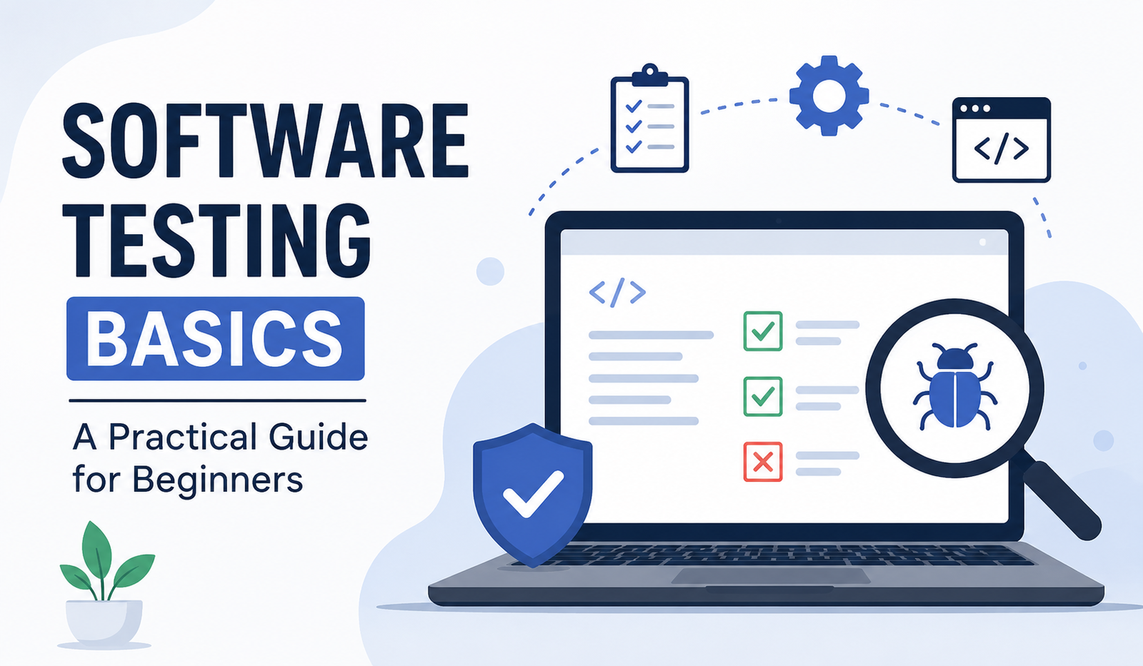 Illustration of software testing basics with a laptop, bug detection icon, checklist, and security shield for beginners.