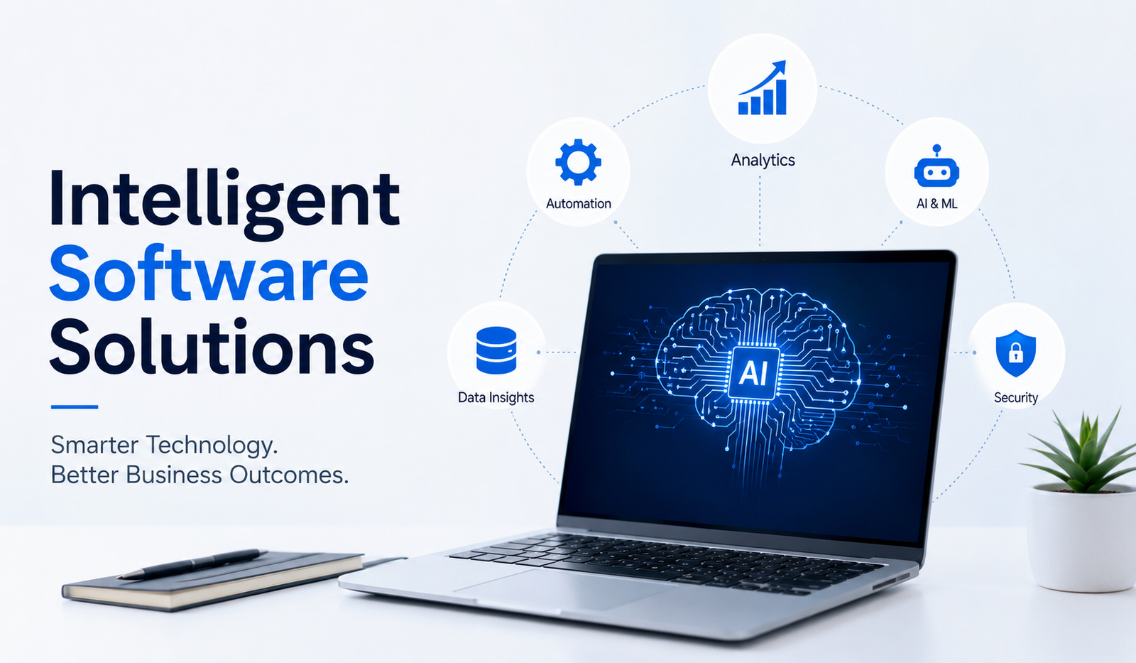 Laptop displaying AI-powered intelligent software dashboard with automation, analytics, data insights, and business technology icons.
