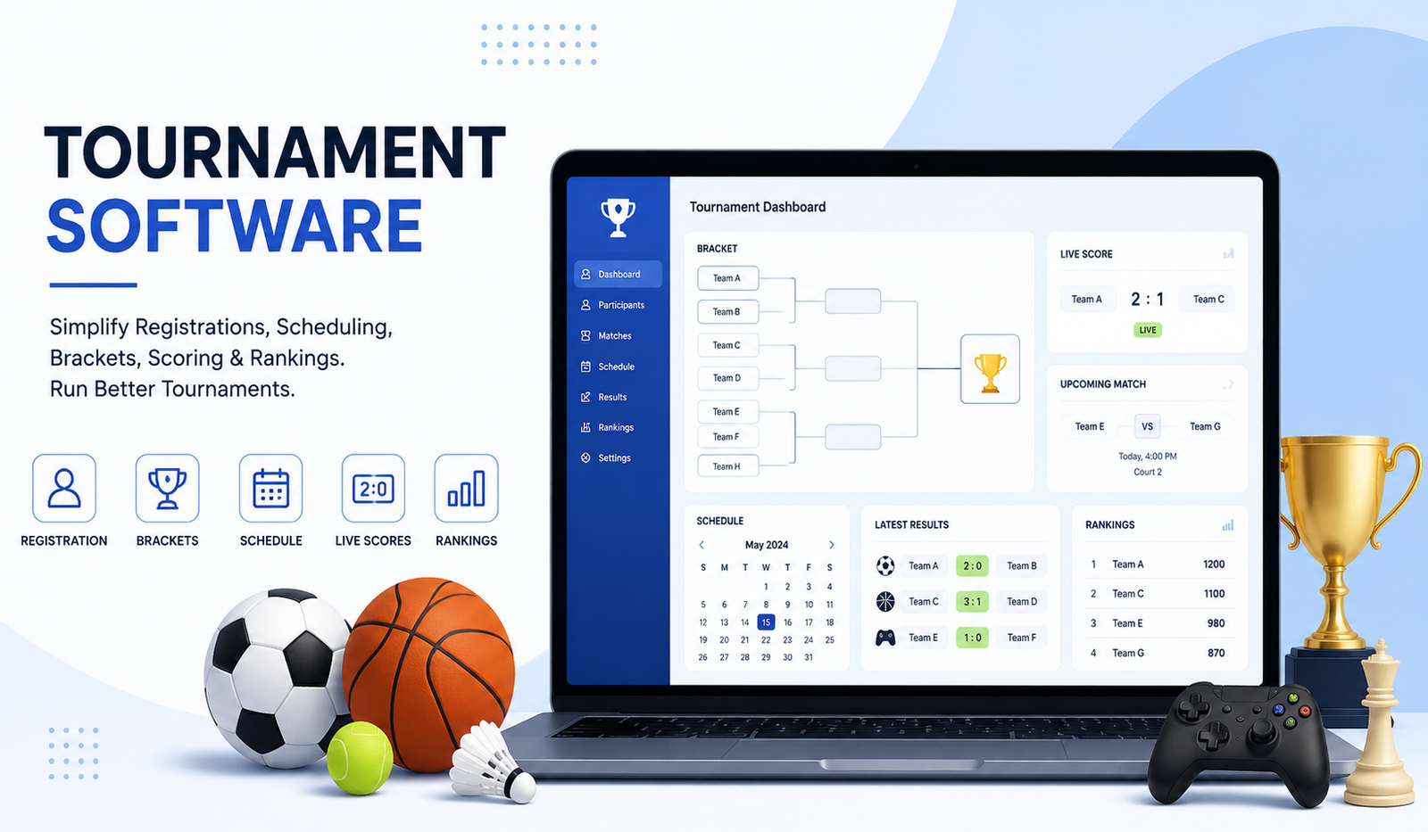 Modern tournament software dashboard showing brackets, live scores, scheduling, rankings, and sports equipment for efficient event management.