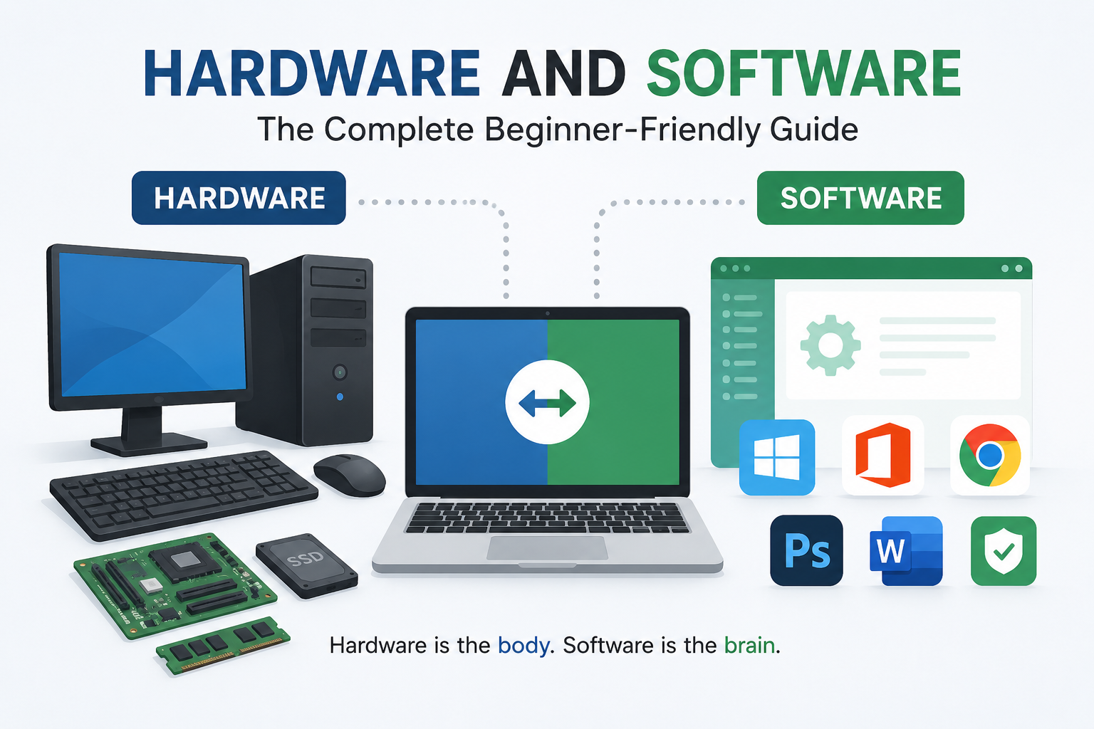 Illustration of computer hardware and software with a desktop PC, laptop, software applications, and hardware components explaining their relationship.