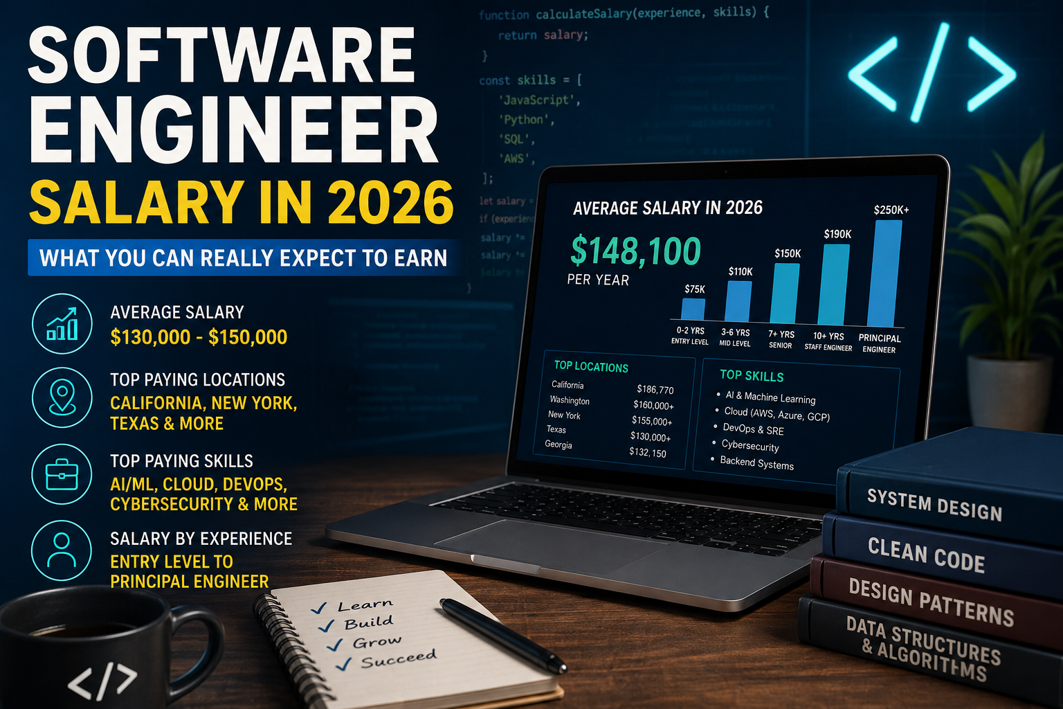 Laptop displaying software engineer salary statistics for 2026 with coding screen, salary growth chart, top-paying skills, and career progression infographic.