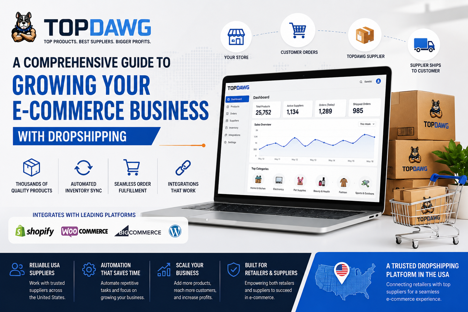 TopDawg dropshipping platform dashboard showing automated inventory management, supplier network, order fulfillment, and e-commerce business growth.
