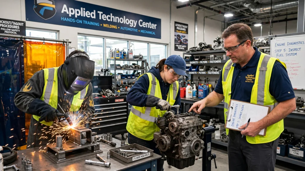 Students gaining practical vocational skills during hands-on training at an Applied Technology Center workshop.