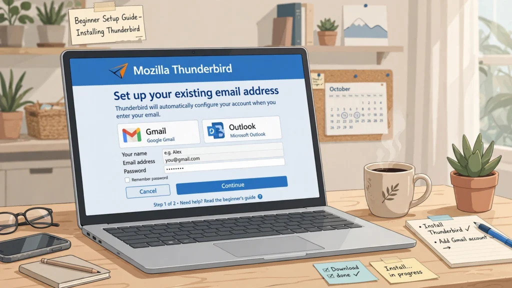 Installing Software Thunderbird and adding an email account on a desktop computer.