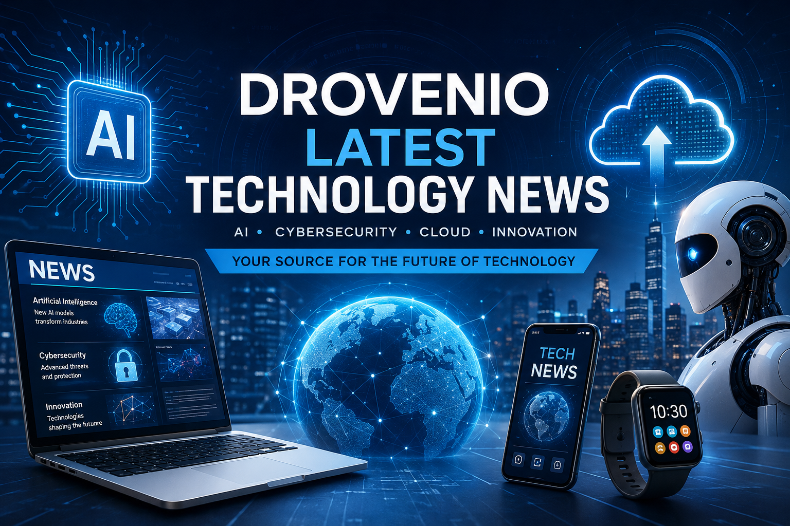 Futuristic illustration representing Drovenio latest technology news with artificial intelligence, cloud computing, cybersecurity, smart devices, and global digital innovation.