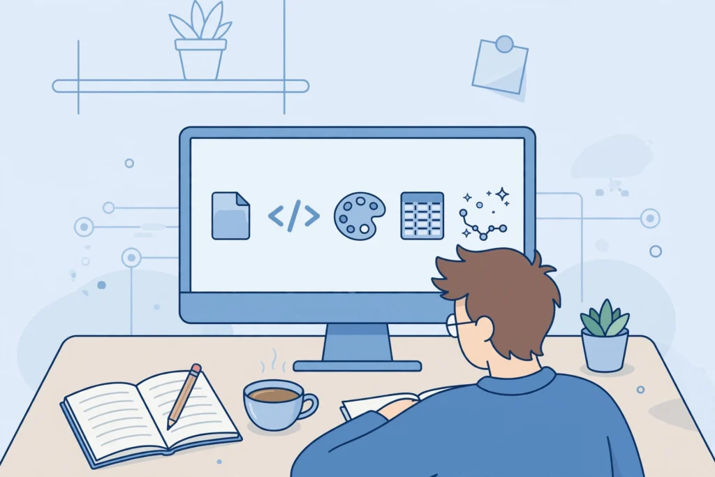 Beginner learning different software applications on a desktop computer.