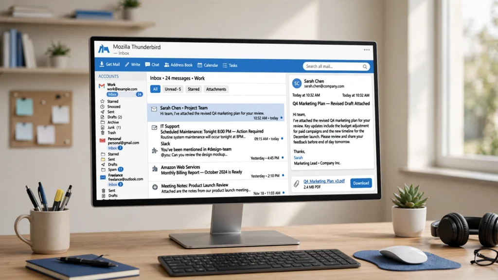 Software Thunderbird dashboard managing multiple email accounts from one application.