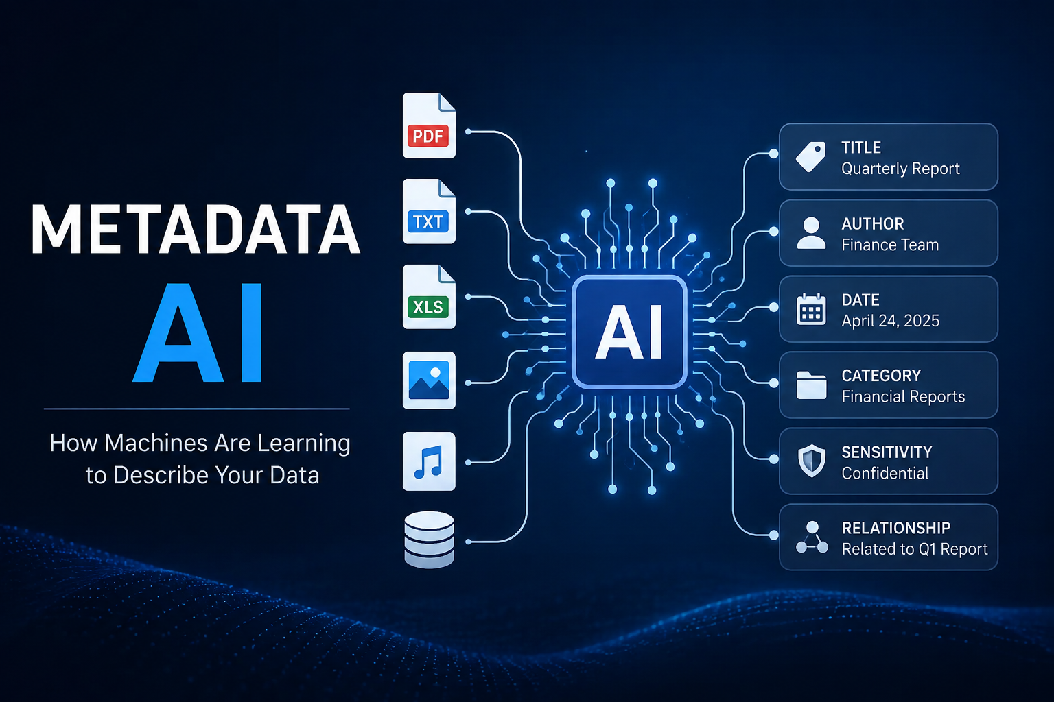 Metadata AI illustration showing artificial intelligence organizing files and adding data details such as title, author, date, category, and relationships.