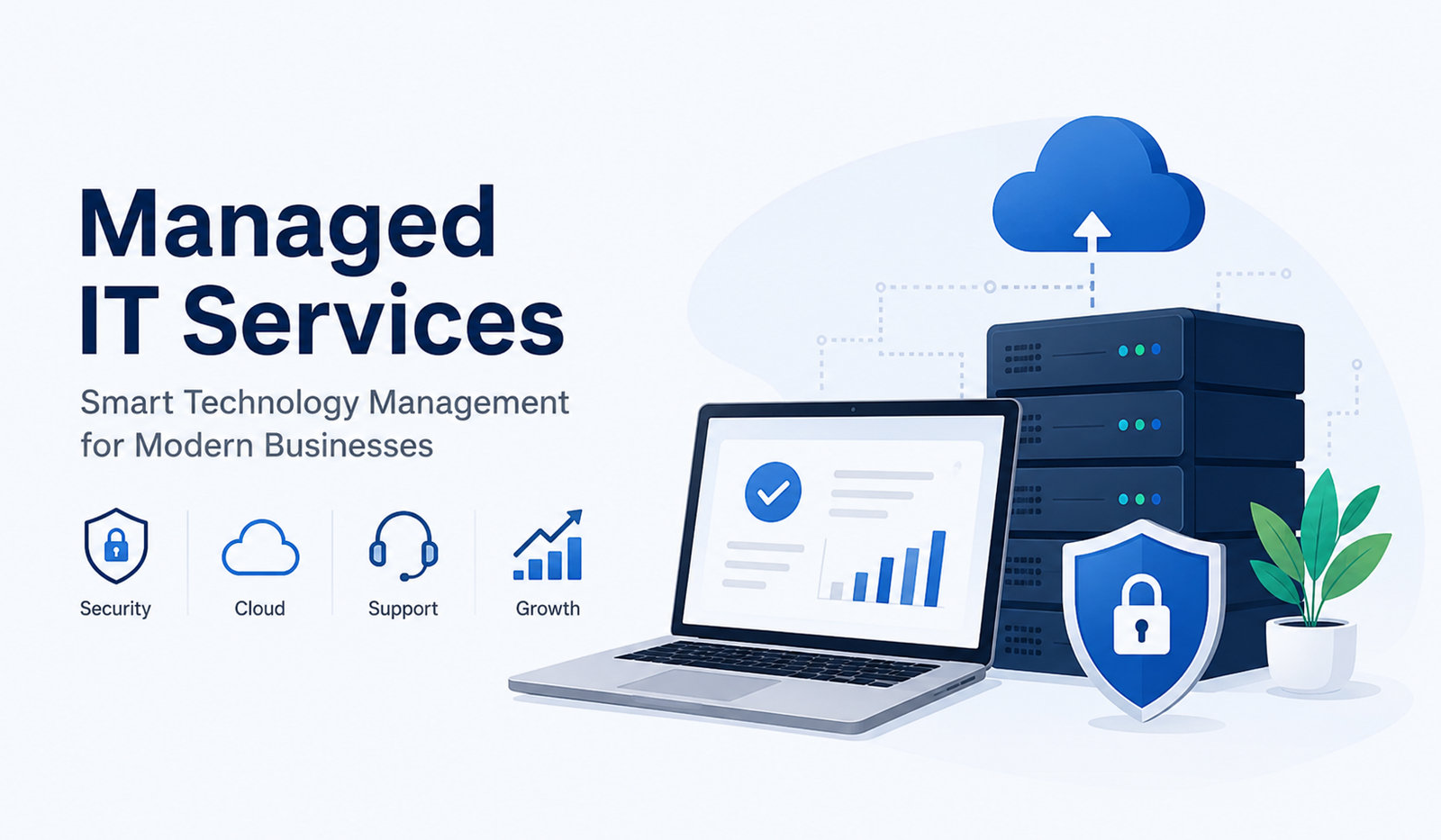 Managed IT services illustration showing cloud computing, cybersecurity, servers, laptop dashboard, and business technology management.